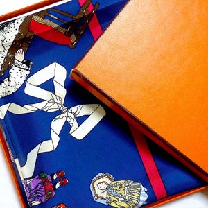 Hermes Scarf BRAND NEW with Hermes Box &quot;Hello Dolly&quot; by Loïc Dubigeon, Blue Hermes Silk Carre 35&quot;, Gift for Her