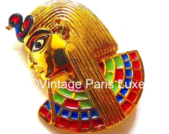 Vintage Sphinx Brooch: Mid-Century Egyptian Pharaoh, Gold Tone & Rhinestones