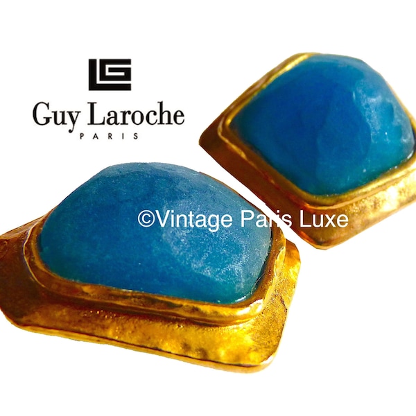 Vintage GUY LAROCHE PARIS Blue Clip On Earrings, Vintage French Haute Couture Jewelry, Gift for Her