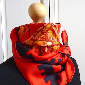 Rare HERMES Scarf BRAND NEW &quot;Mécanique des Idées&quot; , Red Black Hermes Silk Carre, Gift for Her, Gift for Him, Mothers Day Gift
