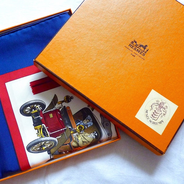 Rare Hermes Scarf Special Edition Teuf Teuf for Musée Schlumpf By Ledoux in 1971, Rare Hermes Prestige Special Edition