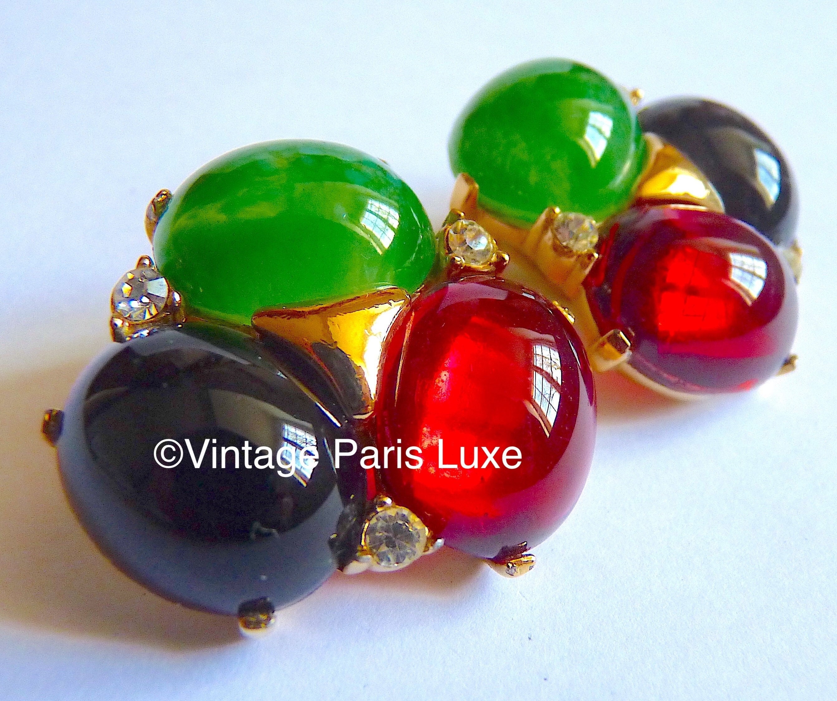 Boucles D'oreilles Vintage Clips Signées Skalli Paris - Pâte De Verre émaillée - Occasion