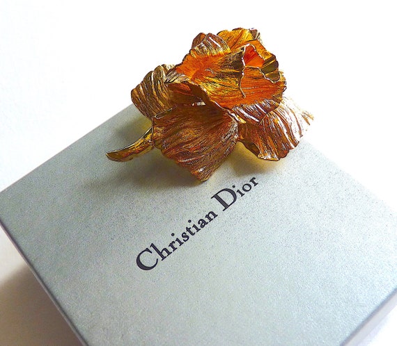 Rare CHRISTIAN DIOR Rose Brooch Gold Plated Metal
