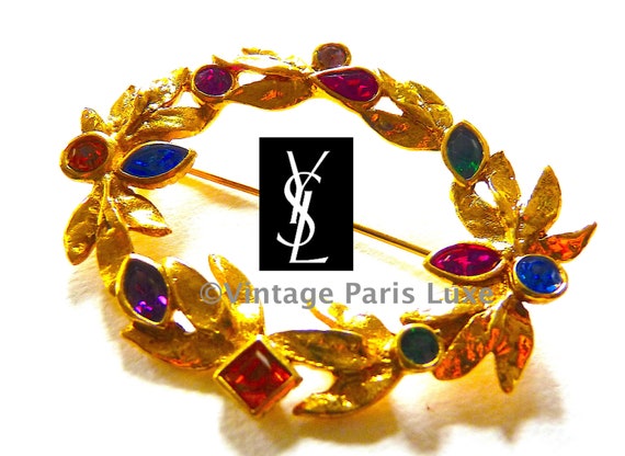 YSL クリスタルブローチ YSL ゴールドブローチ クリスタル装飾