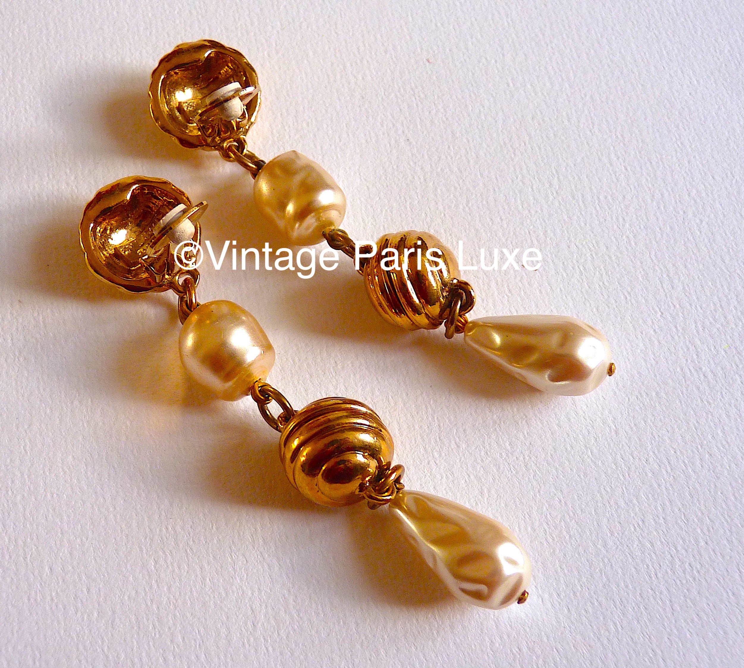 Boucles D'oreilles Vintage Guy Laroche - Cœur Doré Et Perle - Type Clips - Occasion