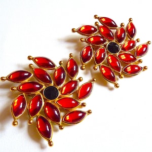 YSL by Goossens Massive Clip On Earrings, Vintage Saint Laurent, 1980s YSL, Red Gold Metal Flower Signed Earrings, Gift for Her
