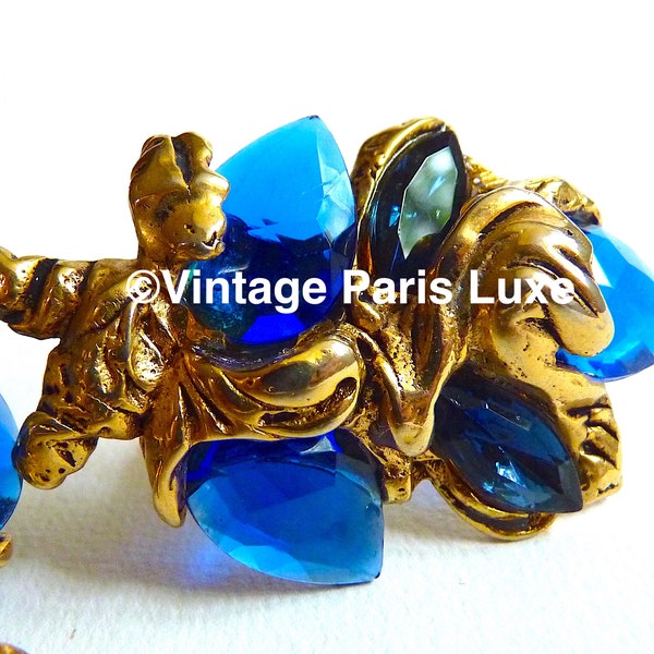 KALINGER PARIS Large Earrings with Blue Crystal Stones, Vintage French Haute Couture Earrings, Valentine's Gift for Her