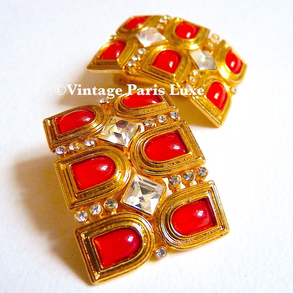 ORENA PARIS Boucles Clips Métal Doré et Cabochons Rouges, Bijoux signés Vintage, Cadeau pour Elle