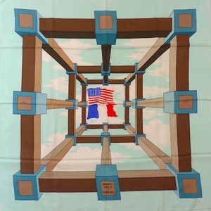 Hermes Schal Perspektive Sonderedition zum Zweihundertjahrfeier der Vereinigten Staaten im Jahr 1976, sehr seltener Hermes Seidenschal, Hermes Sammler