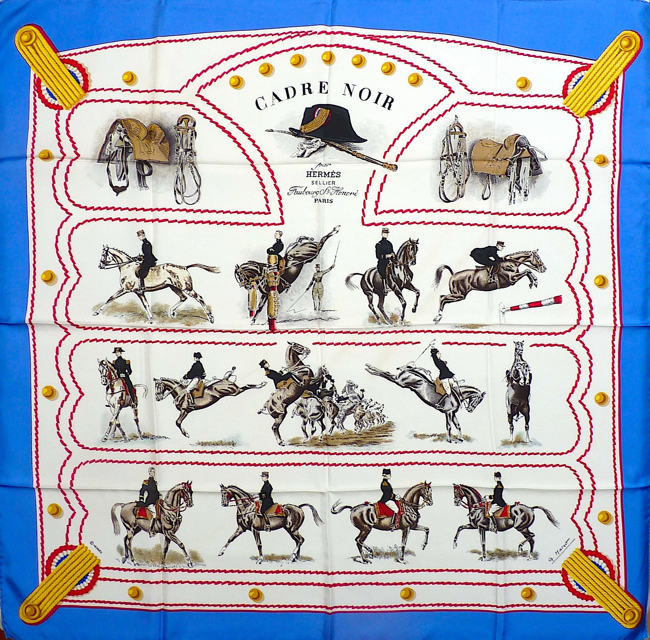 Vintage Equestrian Hermes Scarf 90 Cm Cadre Noir De Saumur With
