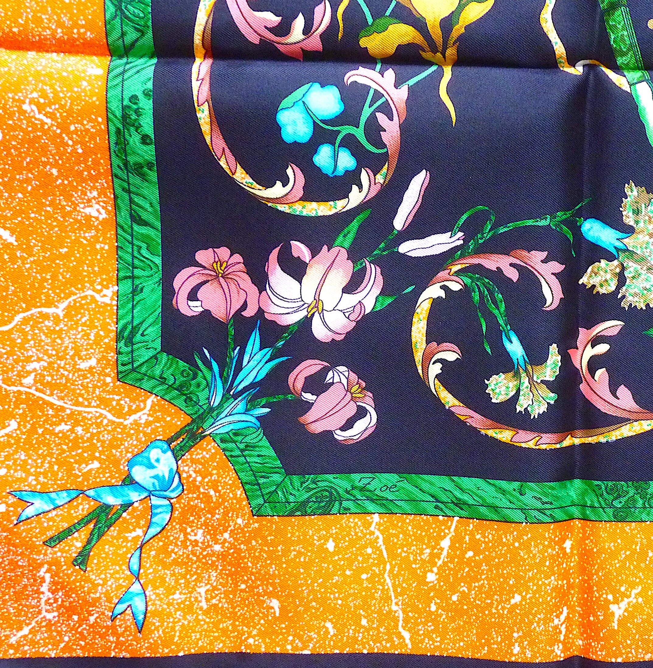 Vintage Hermes Pierres D'Orient Et D'Occident Floral Bird Scarf