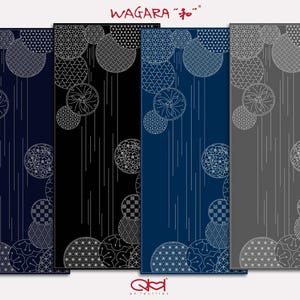 May include: Four rectangular fabric panels featuring the text WAGARA and the logo QL. Each panel displays a unique background color of dark blue, black, medium blue, or gray, decorated with white circular patterns and vertical line accents.