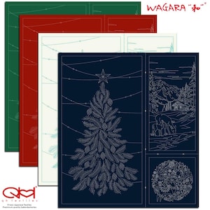 Może przedstawiać: Zestaw czterech paneli z tkaniny w kolorze niebieskim, czerwonym, zielonym i białym z białym obrysem choinki, zimową sceną i okrągłym wzorem. Panele są oznaczone "Wagara" z japońskim znakiem.