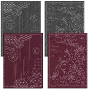 May include: Four fabric panels featuring white embroidery designs. Two panels are grey with dragonfly and cloud designs. Two panels are burgundy with geometric and floral designs.