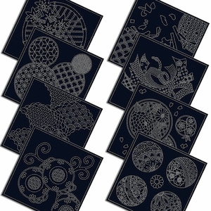 May include: Eight black square fabric panels with white stitching designs. Each panel features a different geometric pattern, including circles, squares, and triangles.