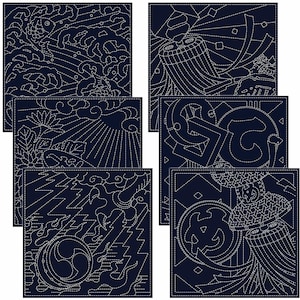May include: Set of six blue fabric squares with white stitching, each featuring a different Japanese-inspired design. The designs include waves, clouds, lightning, and a circle with a stylized symbol.