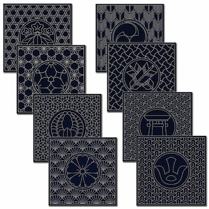 May include: Ten square blue fabric panels with white stitching, each featuring a different Japanese design, including a flower, a fan, a temple gate, and a crest.
