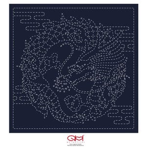 May include: A blue fabric with a white outline of a dragon design. The design is intricate and detailed, with many small lines and curves. The fabric is perfect for quilting or other crafts.