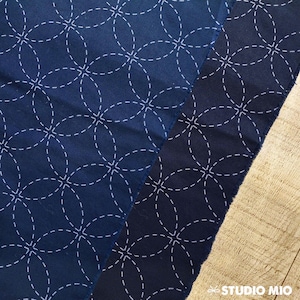 May include: Two pieces of indigo blue fabric with a white stitched pattern of overlapping circles. The fabric is folded in half, with the patterned side facing out.