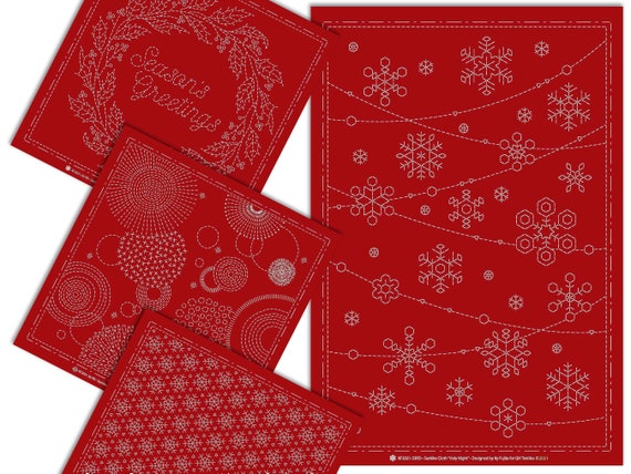 Christmas Pattern Sashiko Cloth | Preprinted Oxford Cotton Hand-Printed | Designed by Ky Fujita | FLAT RATE SHIPPING