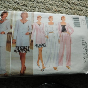 May include: A sewing pattern for a women's jacket and pants. The pattern is by Butterick, Linda Allard for Ellen Tracy. The pattern number is 3907. The pattern shows four different styles of jackets and pants.