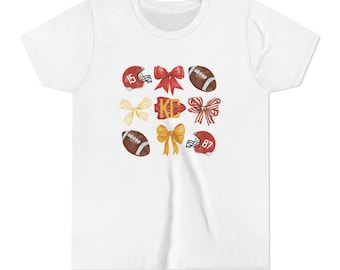Cute KC Football and Bows, Bella & Canvas T-Shirt, Youth Football Tee, Kansas City, Girls Football Shirt, Sports Bows, Red and Gold, Kid Tee