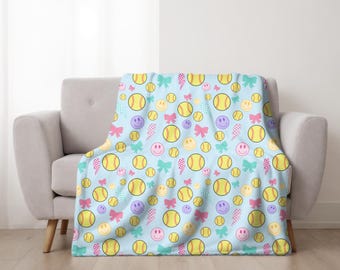 Manta de felpa de terciopelo azul para softbol, manta para softbol, manta para softbol para niñas, manta para softbol para niñas, manta con cara sonriente, lazo deportivo