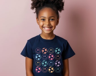 Smiley Face Soccer ball tee, Girls Soccer Shirt, Cute Soccer Shirt, Kids Soccer t-shirt, Colorful Soccer shirt, gift for girl, sports tee