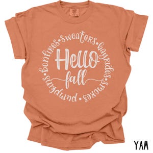 May include: A burnt orange t-shirt with a white circle graphic that says "Hello Fall" with the words "bonfires, sweaters, hayrides, s'mores, pumpkin" surrounding the text.
