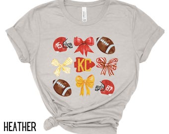 Cute Football and Bows, Bella & Canvas T-Shirt, KC T-Shirt, Kansas City, Sports Bows, Red and Gold, Football T-Shirt, Kansas City Love