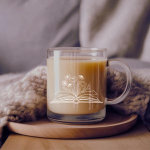 Books and Coffee Mug, Clear Glass Mug, Book Lover Coffee Mug, Transparent Mug, Open book with flowers, Teacher Gift, reading mug, hand drawn