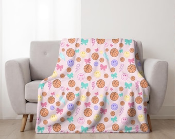 Manta de felpa de terciopelo rosa para baloncesto, manta de baloncesto para niñas, manta de baloncesto para niñas, manta con cara sonriente