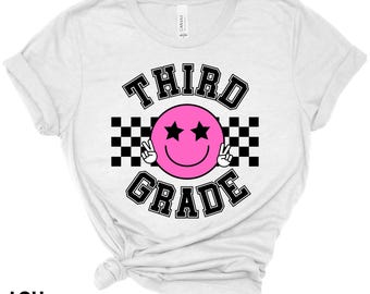 Adult Third Grade Smiley Face T-Shirt, Third Grade Teacher Shirt, Third Grade Team Shirt, Back to school t shirt, smiley face, pink tee