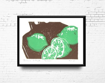 Limes Linocut Print, 5x7” Print Green and Brown, Hand Pulled Print, Small Original Artwork, Limes Kitchen Art, Ready to Ship