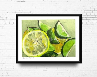 Giclée Art Print - Print of Original Oil Painting, Lemon and Limes Contemporary Painting, Yellow and Green Kitchen Art, Print, Ready to Ship