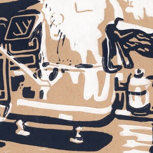 May include: A black and white illustration of a vintage camera with a flash and a lens. The camera is on a table with a white background.