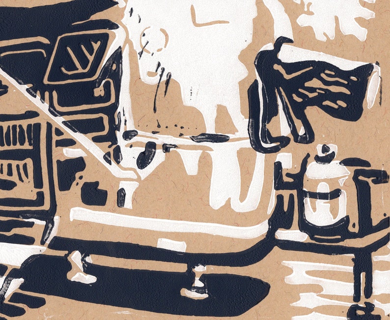 May include: A black and white illustration of a vintage camera with a flash and a lens. The camera is on a table with a white background.