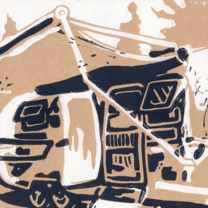 May include: A black and white linocut print of a car with a tent over it. The car is partially visible, with the front end and the driver's side door showing. The tent is a simple design, with a single pole and a canvas roof. The print is on a brown paper background.