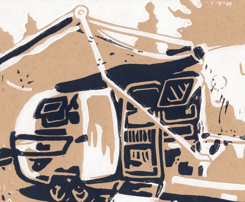 May include: A black and white linocut print of a car with a tent over it. The car is partially visible, with the front end and the driver's side door showing. The tent is a simple design, with a single pole and a canvas roof. The print is on a brown paper background.