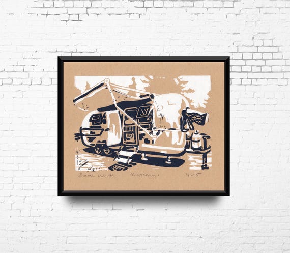 Hand Pulled Lino Print, ‘Airstream’, Limited Edition Linoleum Print, 8x10 Trailer Print, Linocut Print on Archival Paper, Americana Art