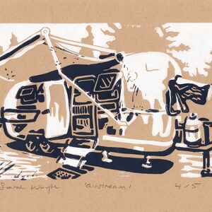 May include: A black and white linocut print of a camper van with a pop-up awning. The print is titled "Airstream" and is numbered 4/5. The artist's name, Sarah Whyte, is signed in the bottom left corner.