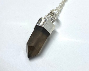 Smoky Quartz Crystal Pendulum Necklace, Crystal Point Charm in Sterling Silver