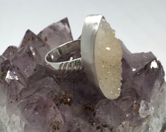 White Druzy Crystal Ring, Raw Crystal Ring, Natural Quartz Jewelry, Raw Stone