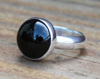 Simple Black Onyx Ring, Sterling Silver Black Stone Ring