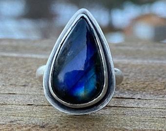 Big Boho Labradorite Ring, Large Handmade Statement Ring, Blue Stone Sterling Silver Ring