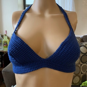 Blue crochet halter bikini top
