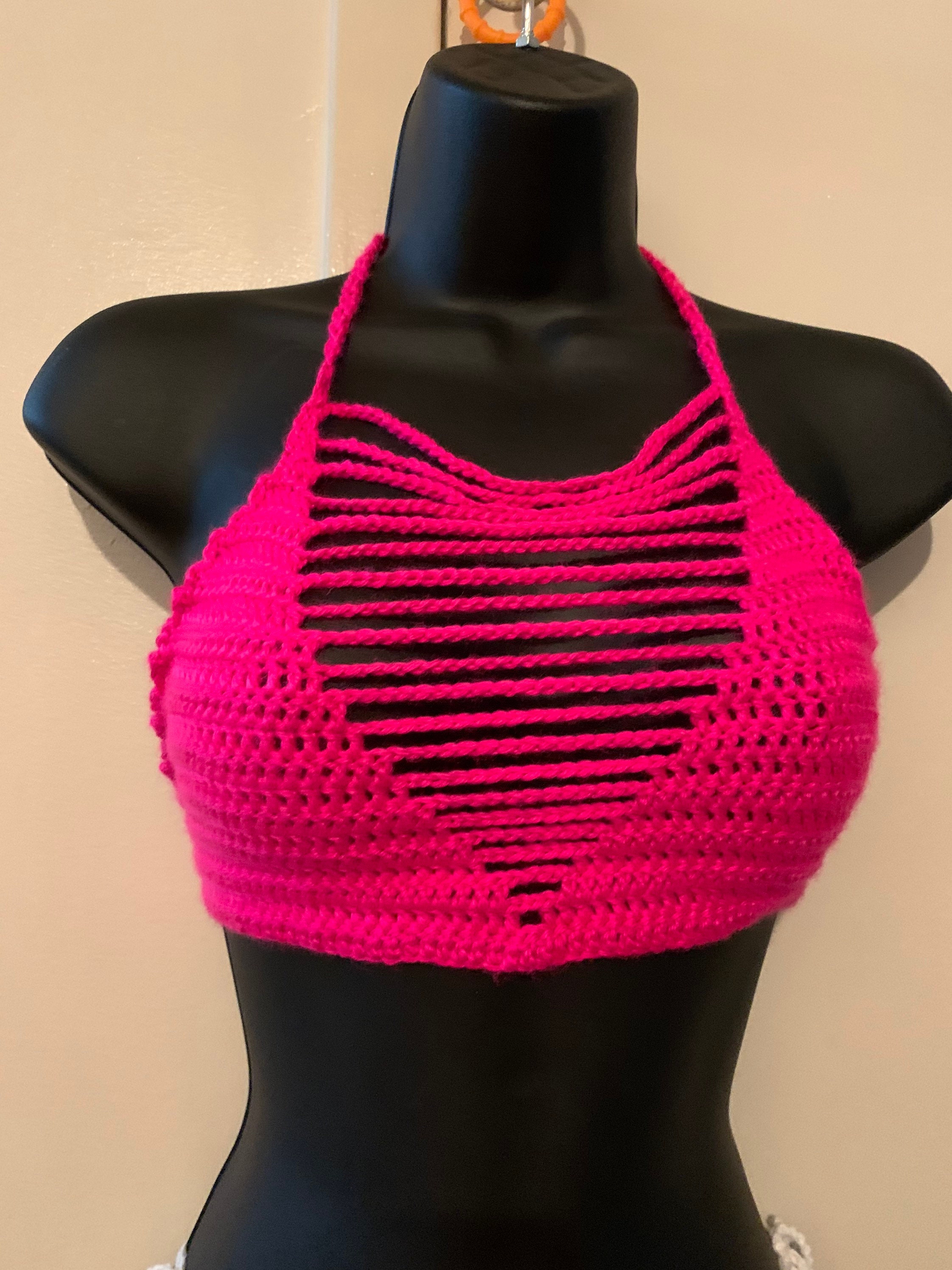Neon pink/ hot pink crochet halter top