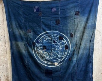 Vintage Japanese indigo dyed boro patched furoshiki fabric #4018