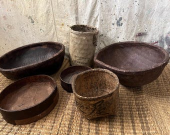 Vintage Japanese wabisabi Persimmon washi paper patched bamboo basket mix 6pc set #3754
