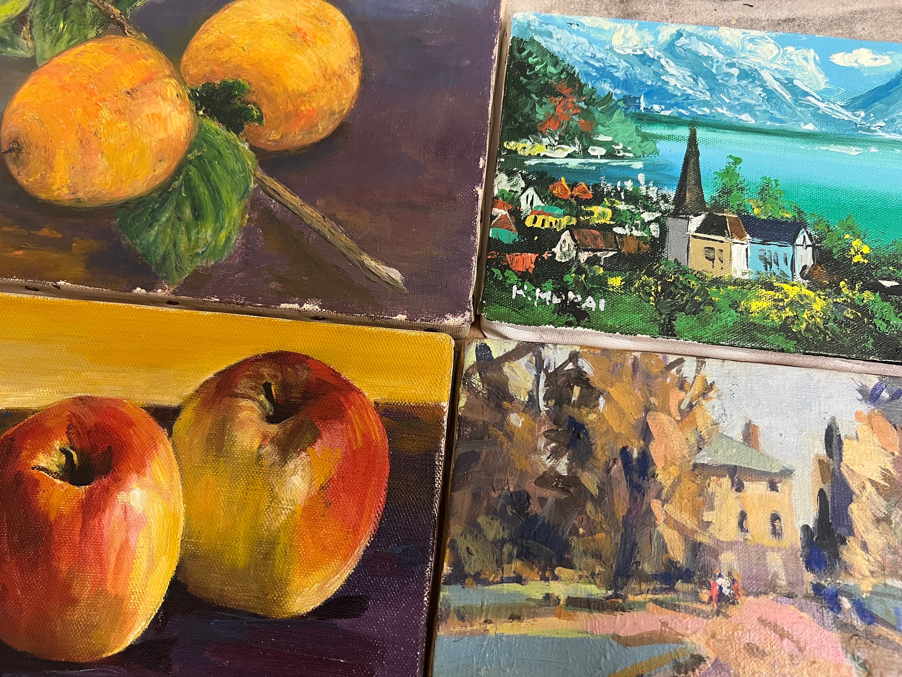 Vintage Japanese Wooden Flame Oil Painting 4 Set - Etsy